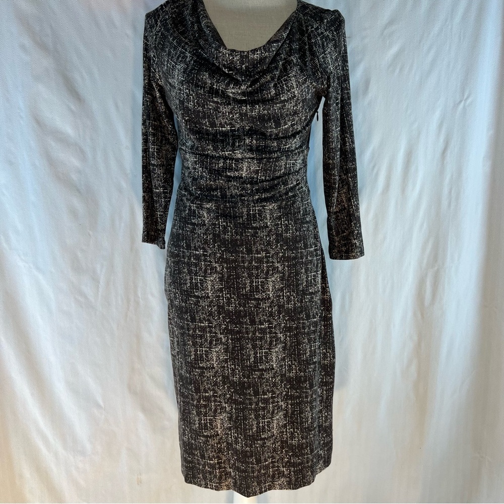 Ann Taylor Dress Brown & White Fitted Jersey Drape Neck Ruched Waist 2 👍